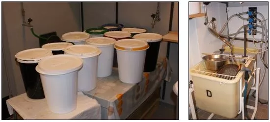 For smaller samples (< 2 kg each) we use regular 10 litre buckets (left). Once digested we use equipment to get rid of clay particles (right).